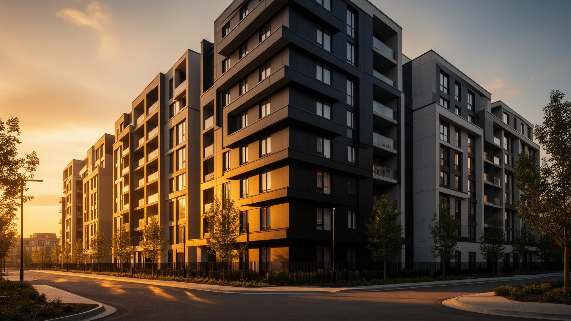 Modern multifamily apartment building at golden hour