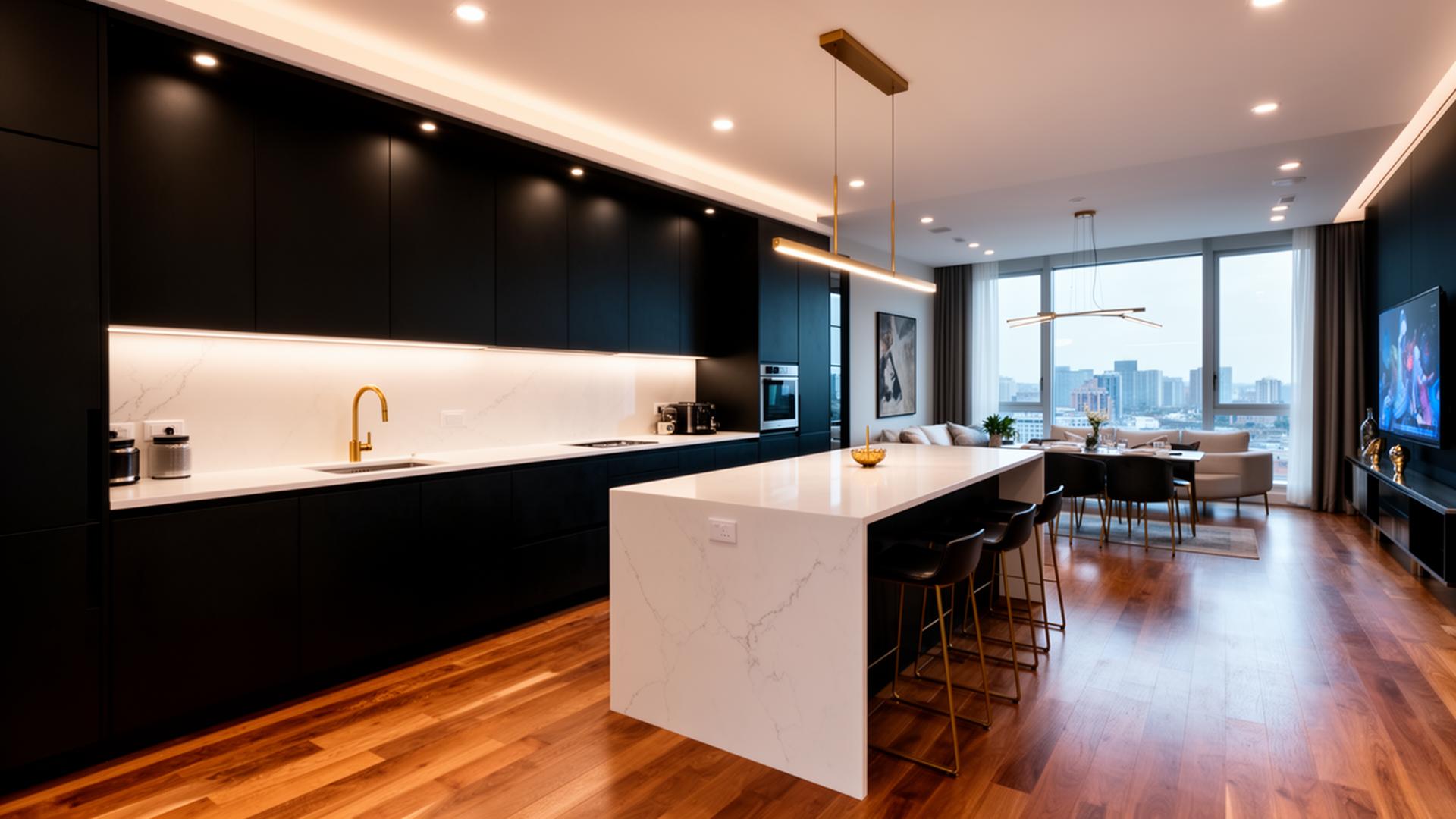 Luxury renovated apartment interior with matte black kitchen and gold accents